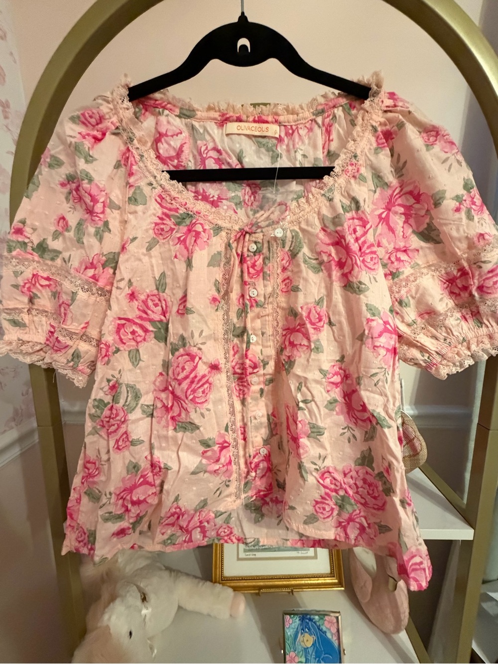 Olivaceous Pink Rose-Print Button Front Peasant Top